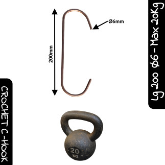Crochet Grande Ouverture en C lg 200mm Ø6mm Charge max 20 Kg