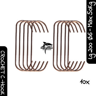 Lot de 10 crochets en C grande ouverture thermolaquage 200mm Ø6mm 50kg | Shark Powder Coatings