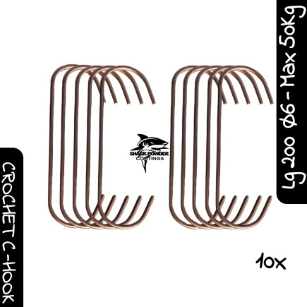 Pack of 10 large opening C hooks for powder coating 200mm Ø6mm 50kg | Shark Powder Coatings